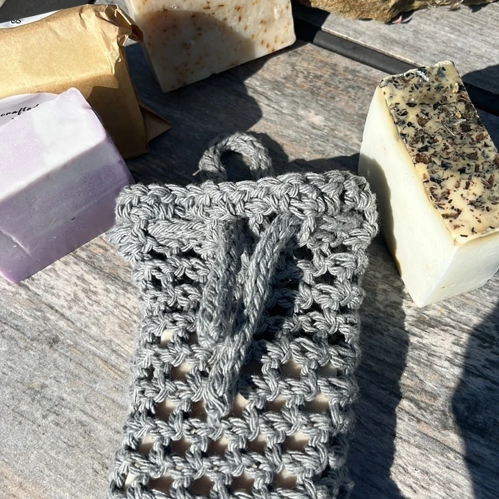Handmade Crochet Soap Bag Cotton Heather Gray Cinch